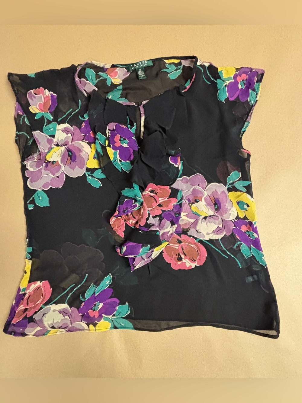 Lauren Ralph Lauren Black Silk Floral Blouse with Attached Cami — Size M